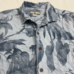 Caribbean Joe 100% Linen Shirt Blue Tropical Leaf Print Hawaiian Men’s Medium